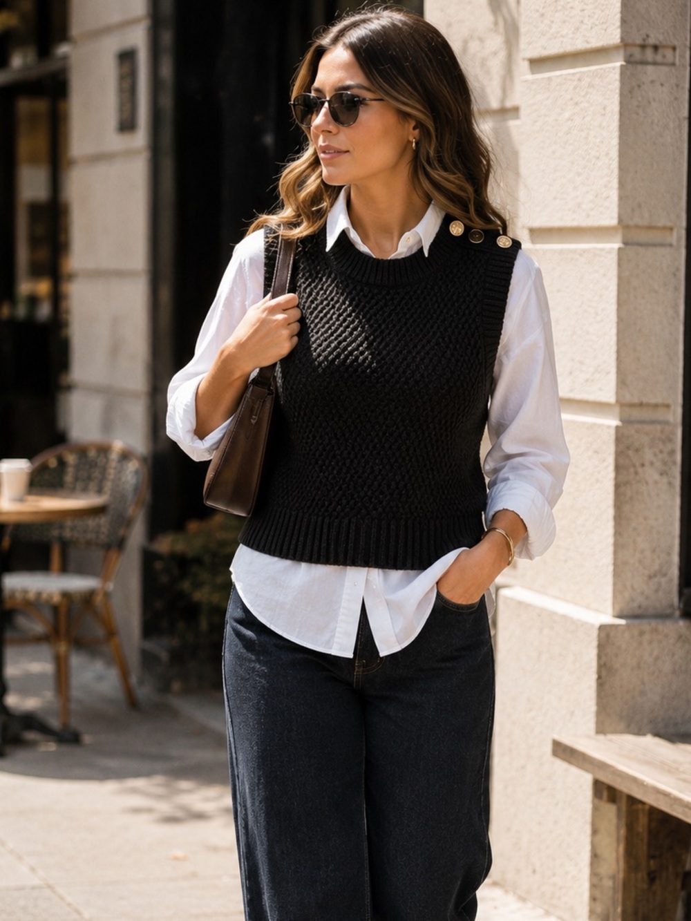 Michael Kors Black Chunky Knit Sweater Vest Gold Logo Buttons L/G